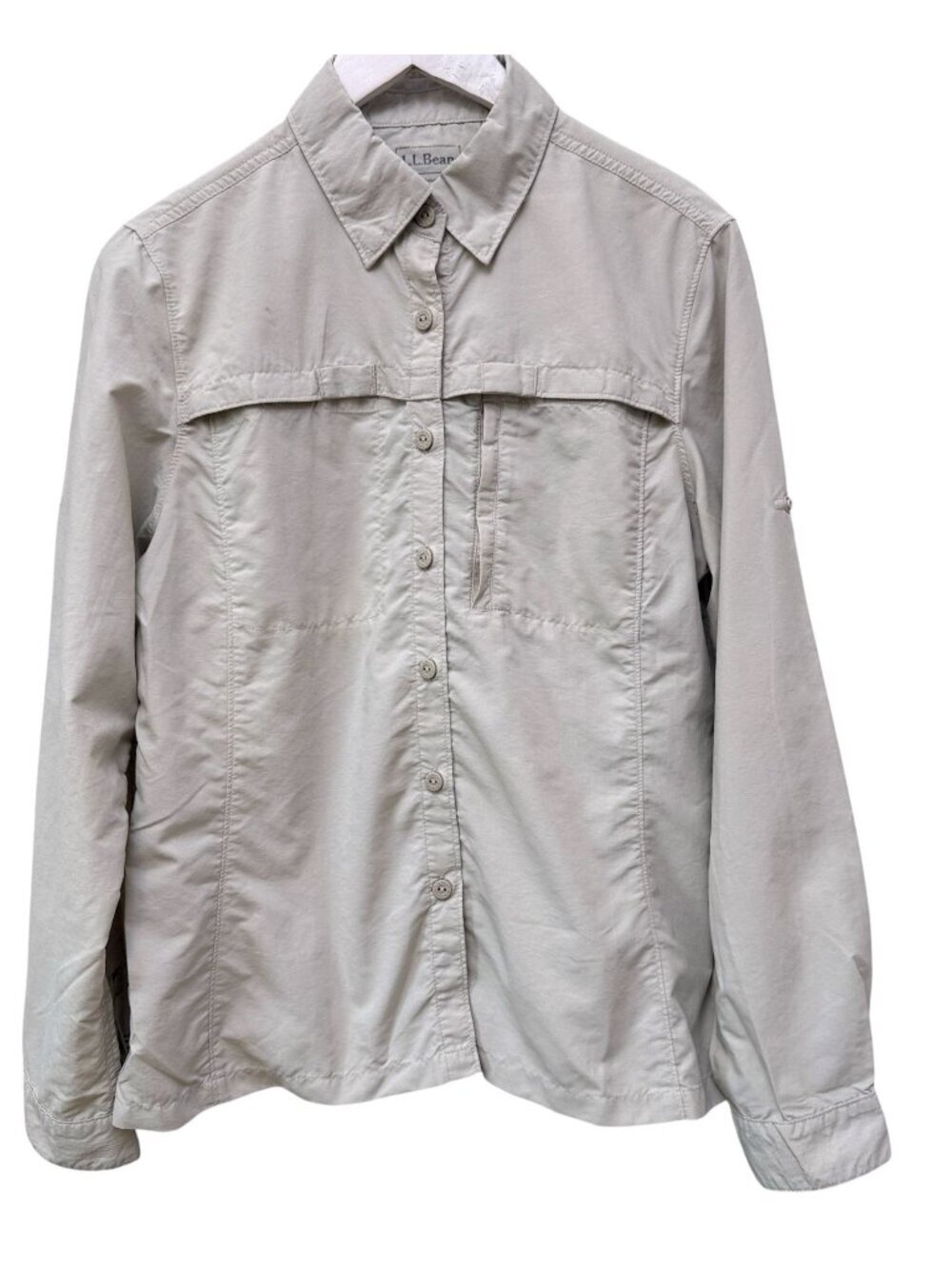 LL BEAN Hiking Shirt Beige Small Womens Outdoor Buttonup Mesh Vent Long Sleeve